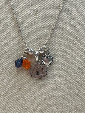 Auburn collegiate silver necklace with AU pendant in blue and orange